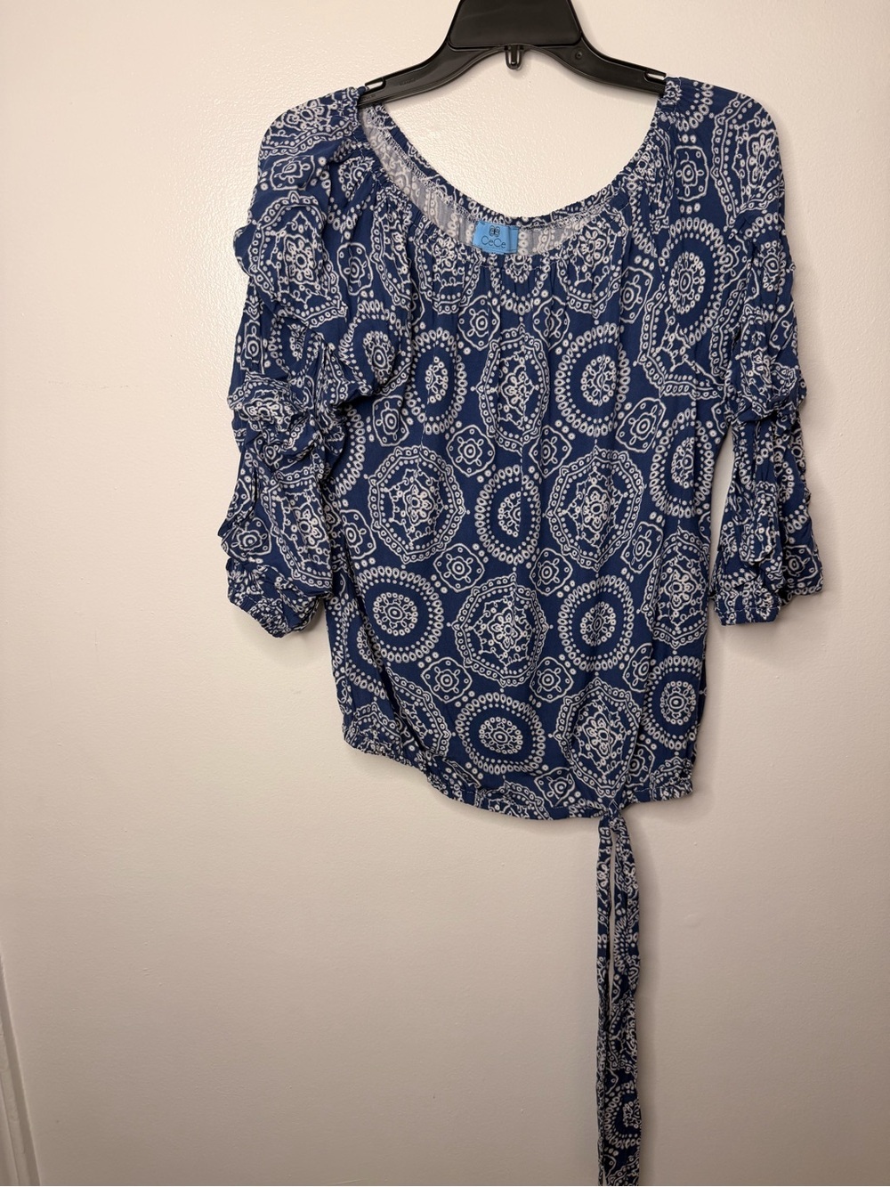 CeCe Navy Blue Printed Tie-Front Blouse